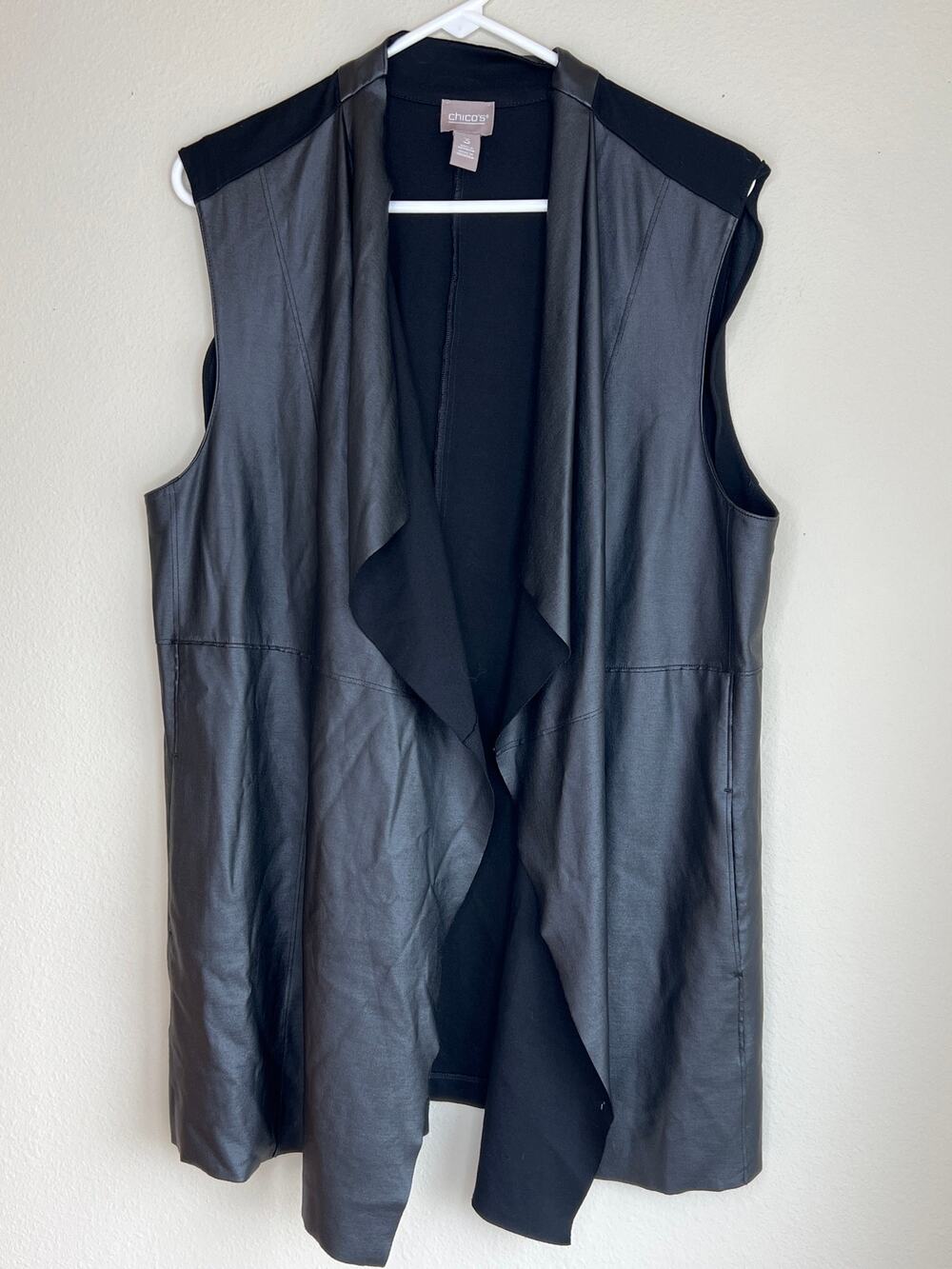 Chicos Size 3 XL Black Faux Leather Drape Front Vest Layering Cardigan